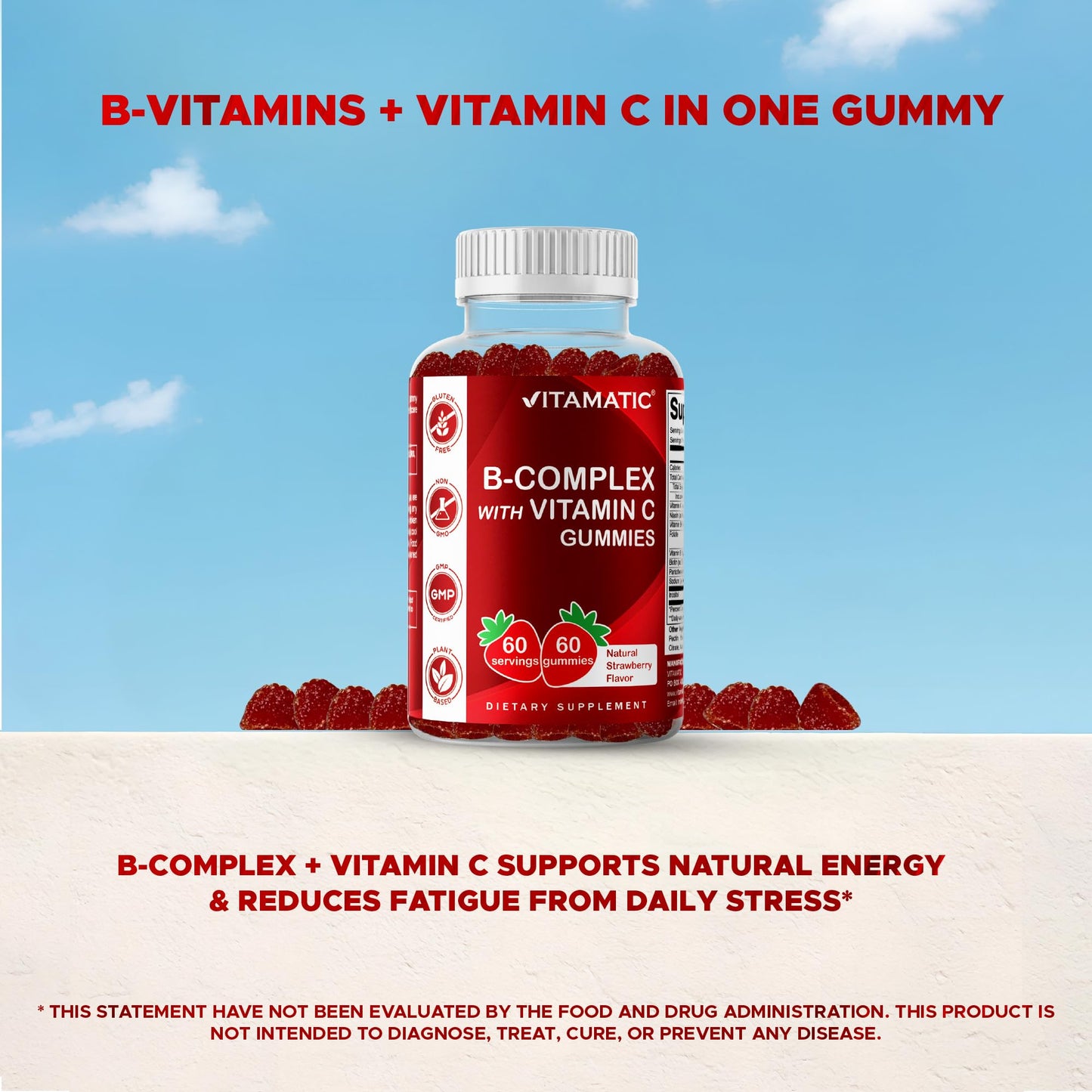 Vitamatic Vitamin B Complex Gummies with Vitamin C & Inositol - Natural Strawberry Flavor - 60 Gummies (1 Bottle) - dailyvitalstore
