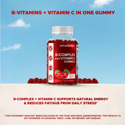 Vitamatic Vitamin B Complex Gummies with Vitamin C & Inositol - Natural Strawberry Flavor - 60 Gummies (1 Bottle) - dailyvitalstore