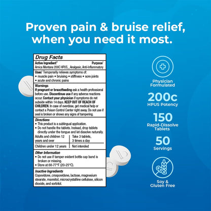 VitaMedica Arnica Montana 200C Rapid Dissolve Tablets for Natural Pain, Bruising, and Swelling Support - High Potency Homeopathic Medicine for Injury and Surgery Recovery - 150 Ct - 50 Servings - dailyvitalstore