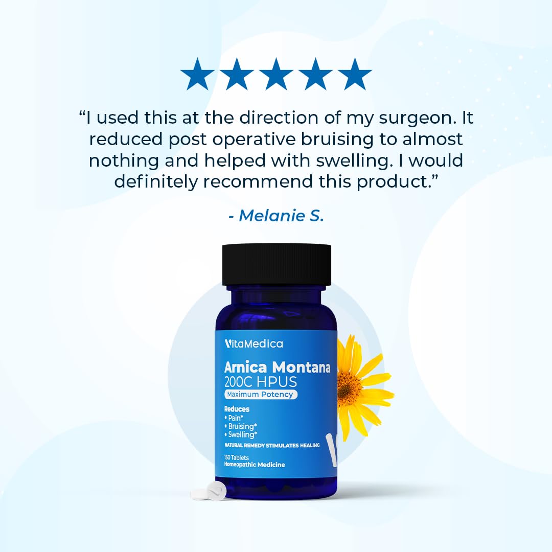 VitaMedica Arnica Montana 200C Rapid Dissolve Tablets for Natural Pain, Bruising, and Swelling Support - High Potency Homeopathic Medicine for Injury and Surgery Recovery - 150 Ct - 50 Servings - dailyvitalstore
