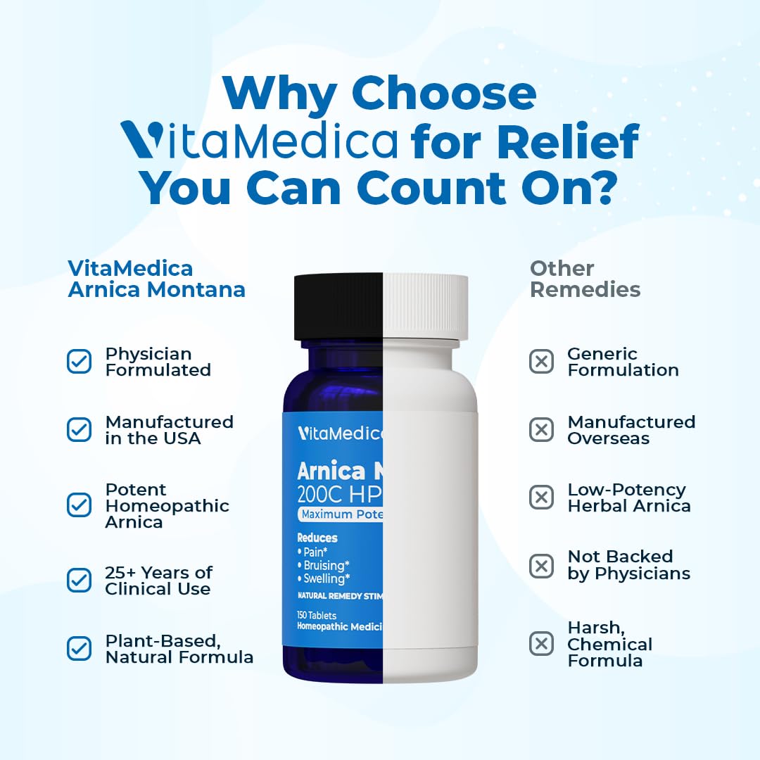 VitaMedica Arnica Montana 200C Rapid Dissolve Tablets for Natural Pain, Bruising, and Swelling Support - High Potency Homeopathic Medicine for Injury and Surgery Recovery - 150 Ct - 50 Servings - dailyvitalstore