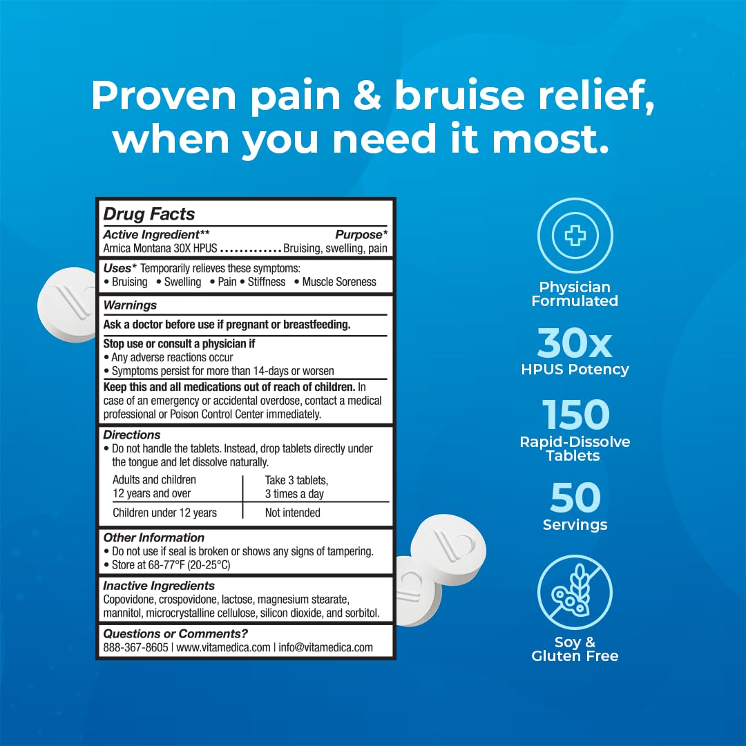 VitaMedica Arnica Montana 30X Homeopathic Tablets for Bruising Pain and Swelling | Plant Based Formula | Recommended by Plastic Surgeons | Natural Recovery Surgery Or Injury | 3 Pack | 150 Servings - dailyvitalstore