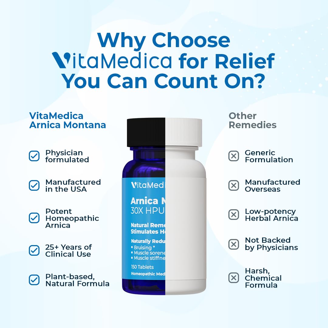VitaMedica Arnica Montana 30X Homeopathic Tablets for Bruising Pain and Swelling | Plant Based Formula | Recommended by Plastic Surgeons | Natural Recovery Surgery Or Injury | 3 Pack | 150 Servings - dailyvitalstore
