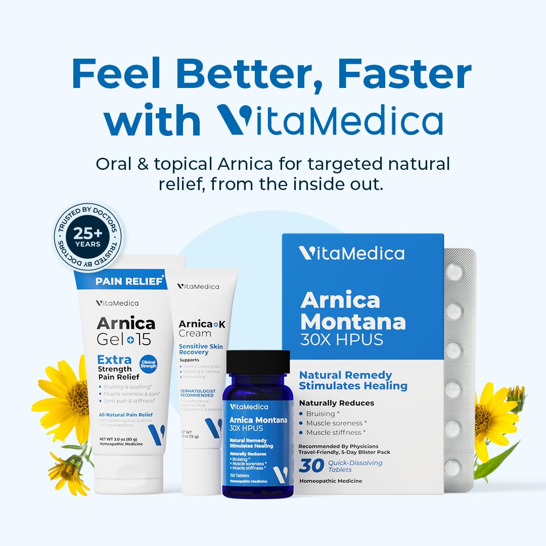 VitaMedica Arnica Montana Tablets & Arnica Gel Bundle – Support for Bruising, Swelling & Soreness, 150 Rapid-Dissolve Tablets + 3 oz Water-Based Gel - dailyvitalstore