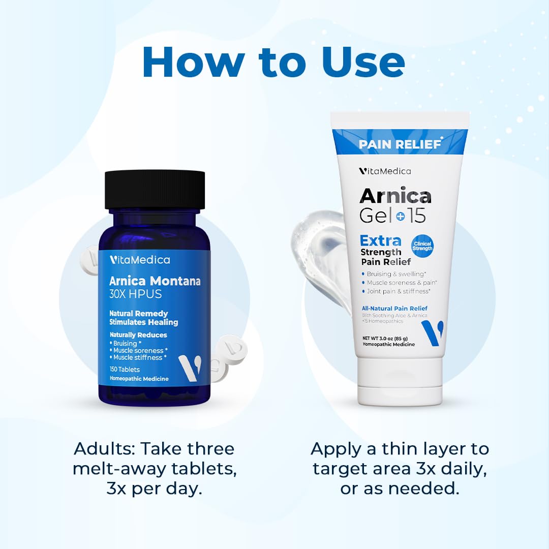 VitaMedica Arnica Montana Tablets & Arnica Gel Bundle – Support for Bruising, Swelling & Soreness, 150 Rapid-Dissolve Tablets + 3 oz Water-Based Gel - dailyvitalstore