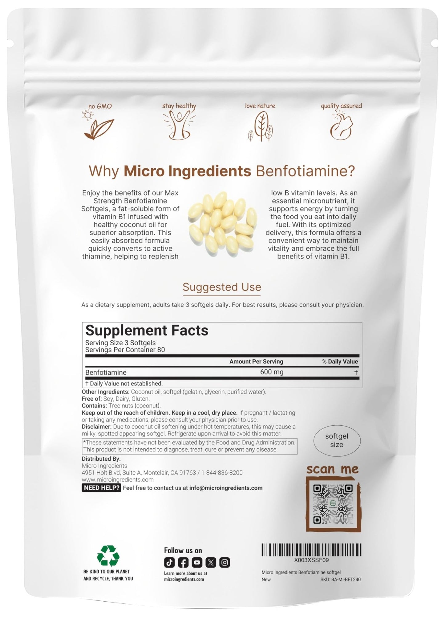 Vitamin B1 Benfotiamine 600mg Per Serving, 240 Coconut Oil Softgels | Bioavailable B Vitamins Supplement, Converted to Active Thiamine | Non-GMO, Soy Free - dailyvitalstore