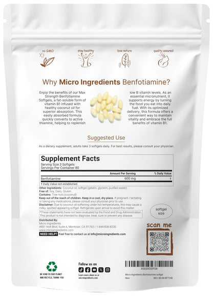 Vitamin B1 Benfotiamine 600mg Per Serving, 240 Coconut Oil Softgels | Bioavailable B Vitamins Supplement, Converted to Active Thiamine | Non-GMO, Soy Free - dailyvitalstore