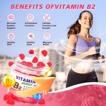 Vitamin B2 Gummies Riboflavin 400mg Supplement with Magnesium for Kids & Adults B2 Gummies for Migraine Relief, Headache Relief & Nervous System Support - dailyvitalstore