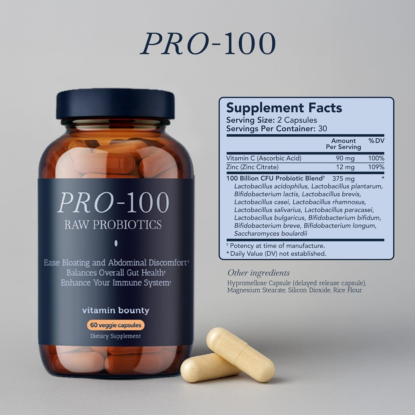 Vitamin Bounty Pro-100 Probiotic 100 Billion CFU - 13 Strains for Digestive Health & Immune Support - High Potency Probiotics for Women & Men - dailyvitalstore