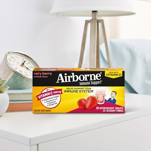 Vitamin C 1000mg (per serving) - Airborne Very Berry Effervescent Tablets (36 count in a box), Gluten-Free Immune Support Supplement, With Vitamins A C E, ZINC, Selenium, Echinacea & Ginger - dailyvitalstore