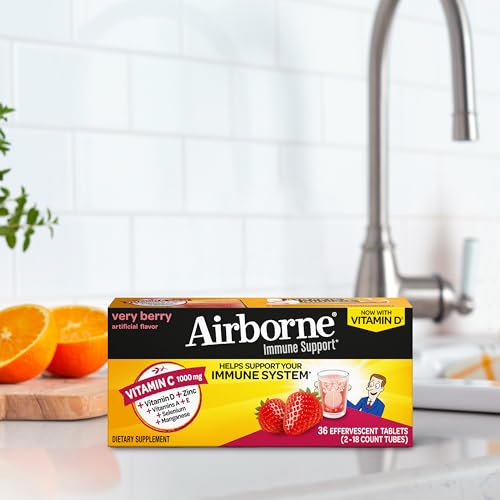 Vitamin C 1000mg (per serving) - Airborne Very Berry Effervescent Tablets (36 count in a box), Gluten-Free Immune Support Supplement, With Vitamins A C E, ZINC, Selenium, Echinacea & Ginger - dailyvitalstore