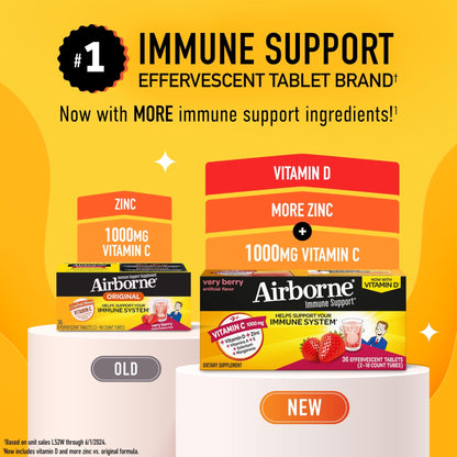Vitamin C 1000mg (per serving) - Airborne Very Berry Effervescent Tablets (36 count in a box), Gluten-Free Immune Support Supplement, With Vitamins A C E, ZINC, Selenium, Echinacea & Ginger - dailyvitalstore