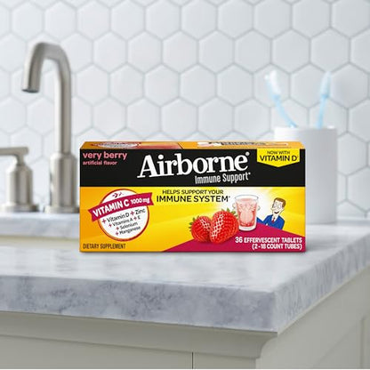 Vitamin C 1000mg (per serving) - Airborne Very Berry Effervescent Tablets (36 count in a box), Gluten-Free Immune Support Supplement, With Vitamins A C E, ZINC, Selenium, Echinacea & Ginger - dailyvitalstore