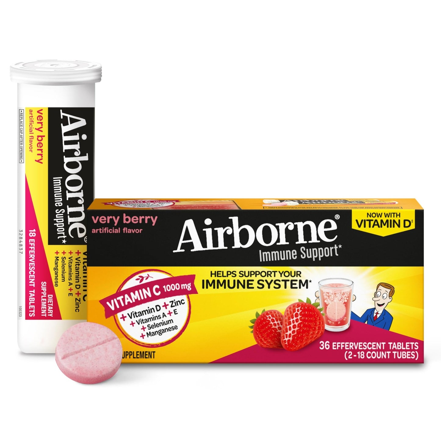 Vitamin C 1000mg (per serving) - Airborne Very Berry Effervescent Tablets (36 count in a box), Gluten-Free Immune Support Supplement, With Vitamins A C E, ZINC, Selenium, Echinacea & Ginger - dailyvitalstore