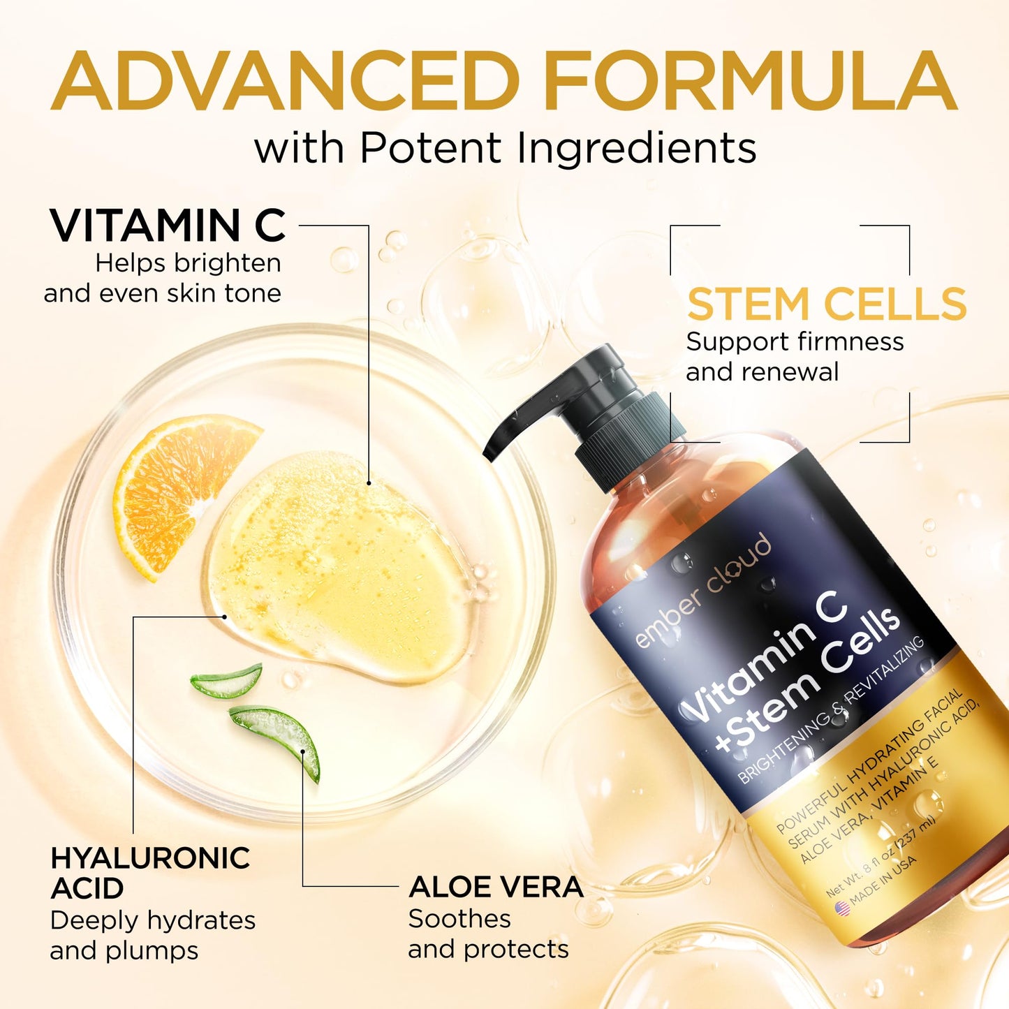 Vitamin C Serum for Face with Stem Cells Hyaluronic Acid Aloe Vera Vitamin E Anti-Aging Face Serum Supports Skin Health & Even Tone - dailyvitalstore