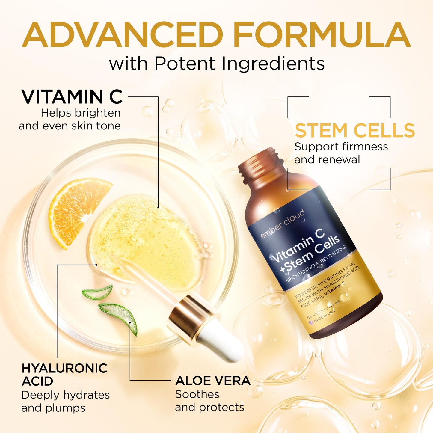 Vitamin C Serum for Face with Stem Cells Hyaluronic Acid Vitamin E Aloe Vera Anti-Aging Face Serum Supports Skin Health - dailyvitalstore