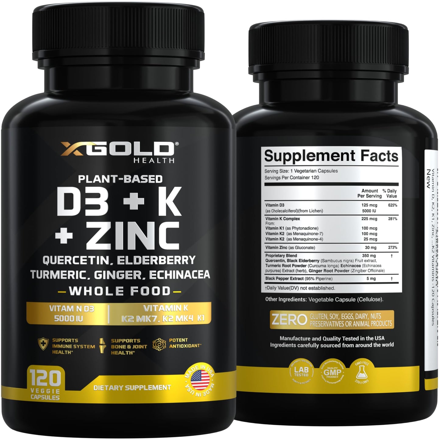 Vitamin D, K2, K1, Zinc, Quercetin, Elderberry, Turmeric, Ginger & Echinacea Whole Food Supplement 8 in 1- D3 5000 IU Plant-Based from Lichen, Vitamin K (K2 MK7, MK4, K1), D3 K2 Vitamins -120 Capsules - dailyvitalstore