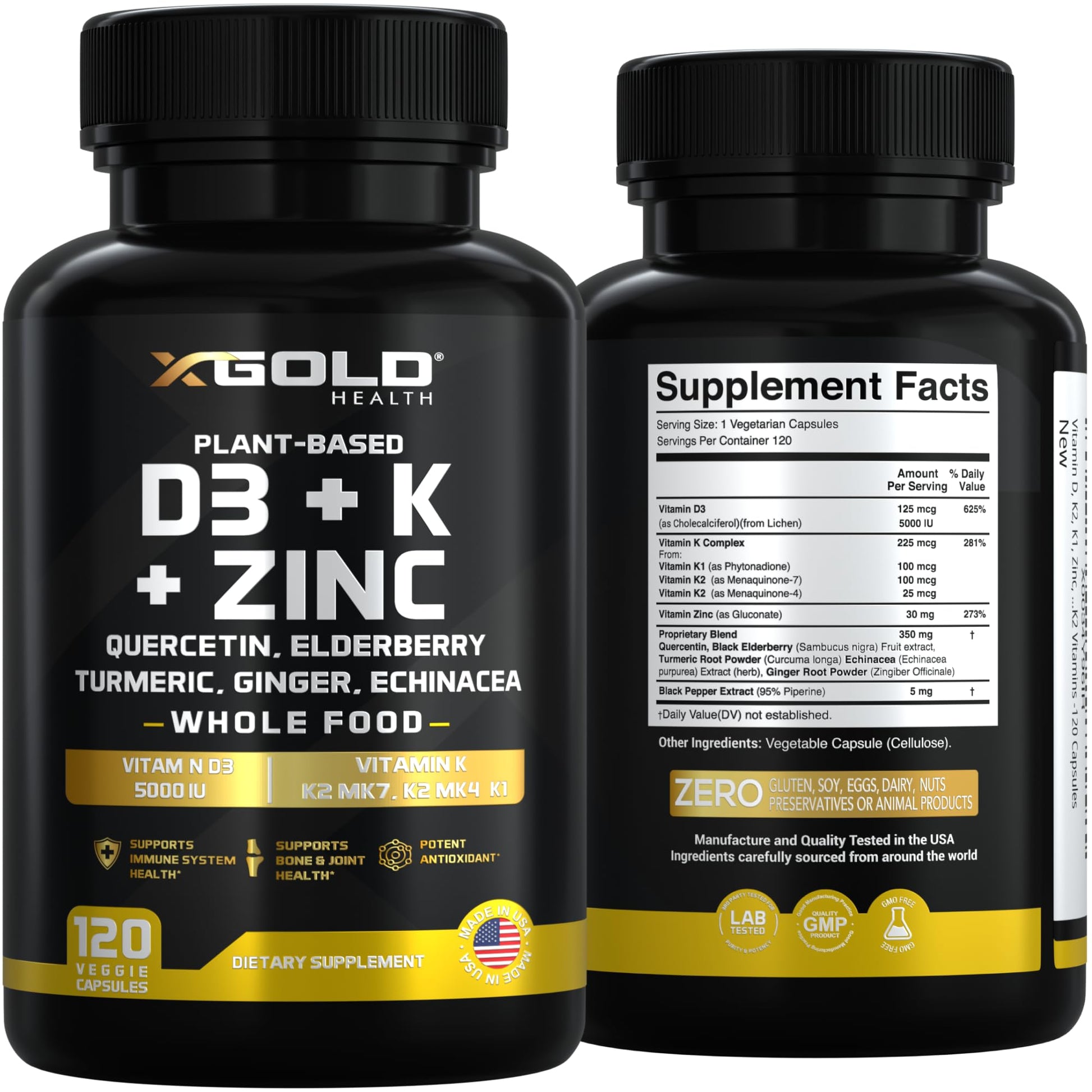 Vitamin D, K2, K1, Zinc, Quercetin, Elderberry, Turmeric, Ginger & Echinacea Whole Food Supplement 8 in 1- D3 5000 IU Plant-Based from Lichen, Vitamin K (K2 MK7, MK4, K1), D3 K2 Vitamins -120 Capsules - dailyvitalstore