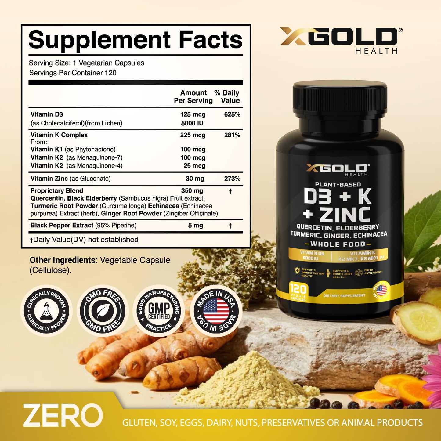 Vitamin D, K2, K1, Zinc, Quercetin, Elderberry, Turmeric, Ginger & Echinacea Whole Food Supplement 8 in 1- D3 5000 IU Plant-Based from Lichen, Vitamin K (K2 MK7, MK4, K1), D3 K2 Vitamins -120 Capsules - dailyvitalstore