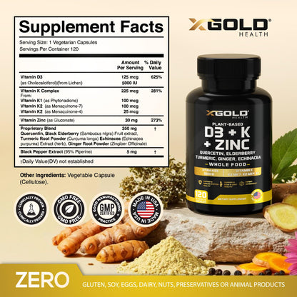 Vitamin D, K2, K1, Zinc, Quercetin, Elderberry, Turmeric, Ginger & Echinacea Whole Food Supplement 8 in 1- D3 5000 IU Plant-Based from Lichen, Vitamin K (K2 MK7, MK4, K1), D3 K2 Vitamins -120 Capsules - dailyvitalstore