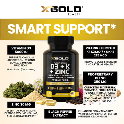 Vitamin D, K2, K1, Zinc, Quercetin, Elderberry, Turmeric, Ginger & Echinacea Whole Food Supplement 8 in 1- D3 5000 IU Plant-Based from Lichen, Vitamin K (K2 MK7, MK4, K1), D3 K2 Vitamins -120 Capsules - dailyvitalstore