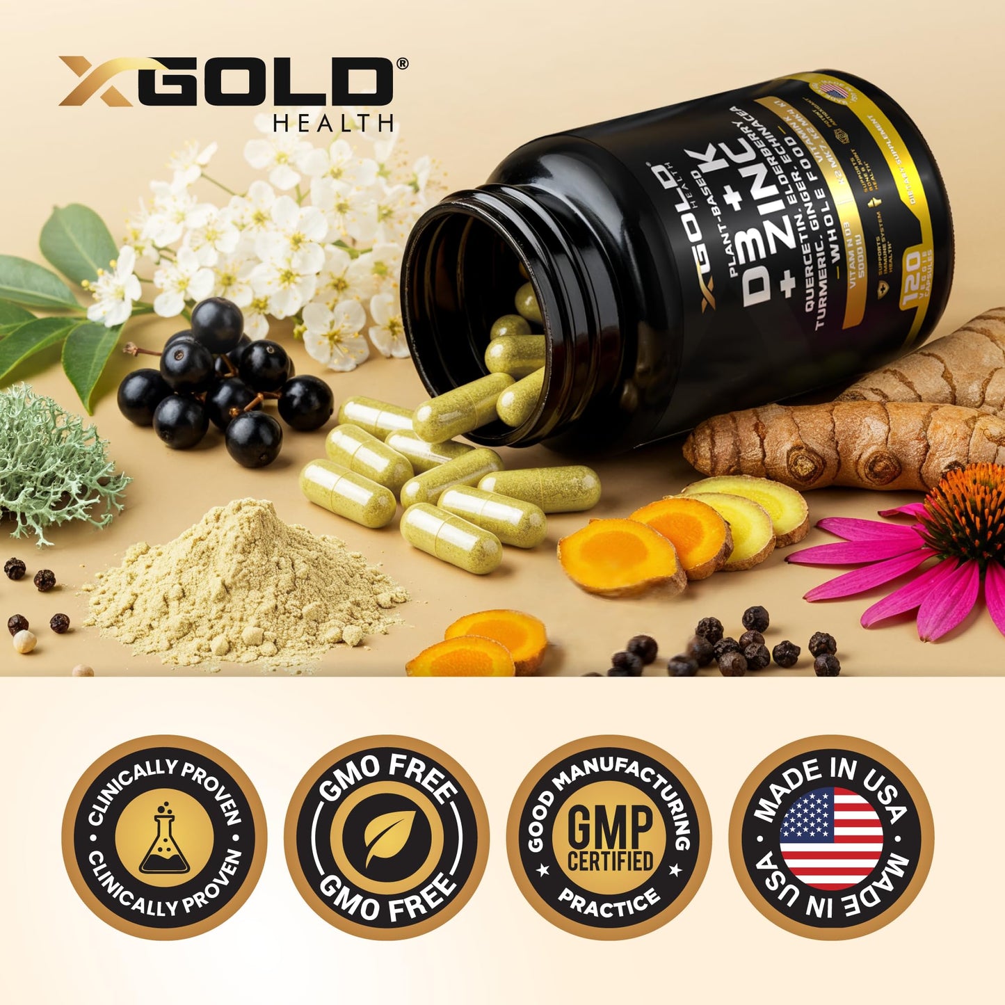 Vitamin D, K2, K1, Zinc, Quercetin, Elderberry, Turmeric, Ginger & Echinacea Whole Food Supplement 8 in 1- D3 5000 IU Plant-Based from Lichen, Vitamin K (K2 MK7, MK4, K1), D3 K2 Vitamins -120 Capsules - dailyvitalstore