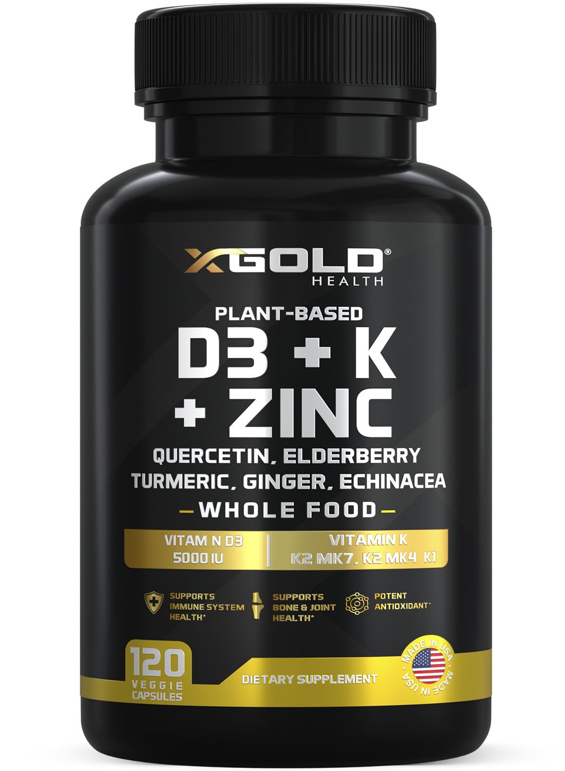 Vitamin D, K2, K1, Zinc, Quercetin, Elderberry, Turmeric, Ginger & Echinacea Whole Food Supplement 8 in 1- D3 5000 IU Plant-Based from Lichen, Vitamin K (K2 MK7, MK4, K1), D3 K2 Vitamins -120 Capsules - dailyvitalstore