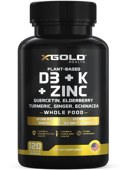 Vitamin D, K2, K1, Zinc, Quercetin, Elderberry, Turmeric, Ginger & Echinacea Whole Food Supplement 8 in 1- D3 5000 IU Plant-Based from Lichen, Vitamin K (K2 MK7, MK4, K1), D3 K2 Vitamins -120 Capsules - dailyvitalstore