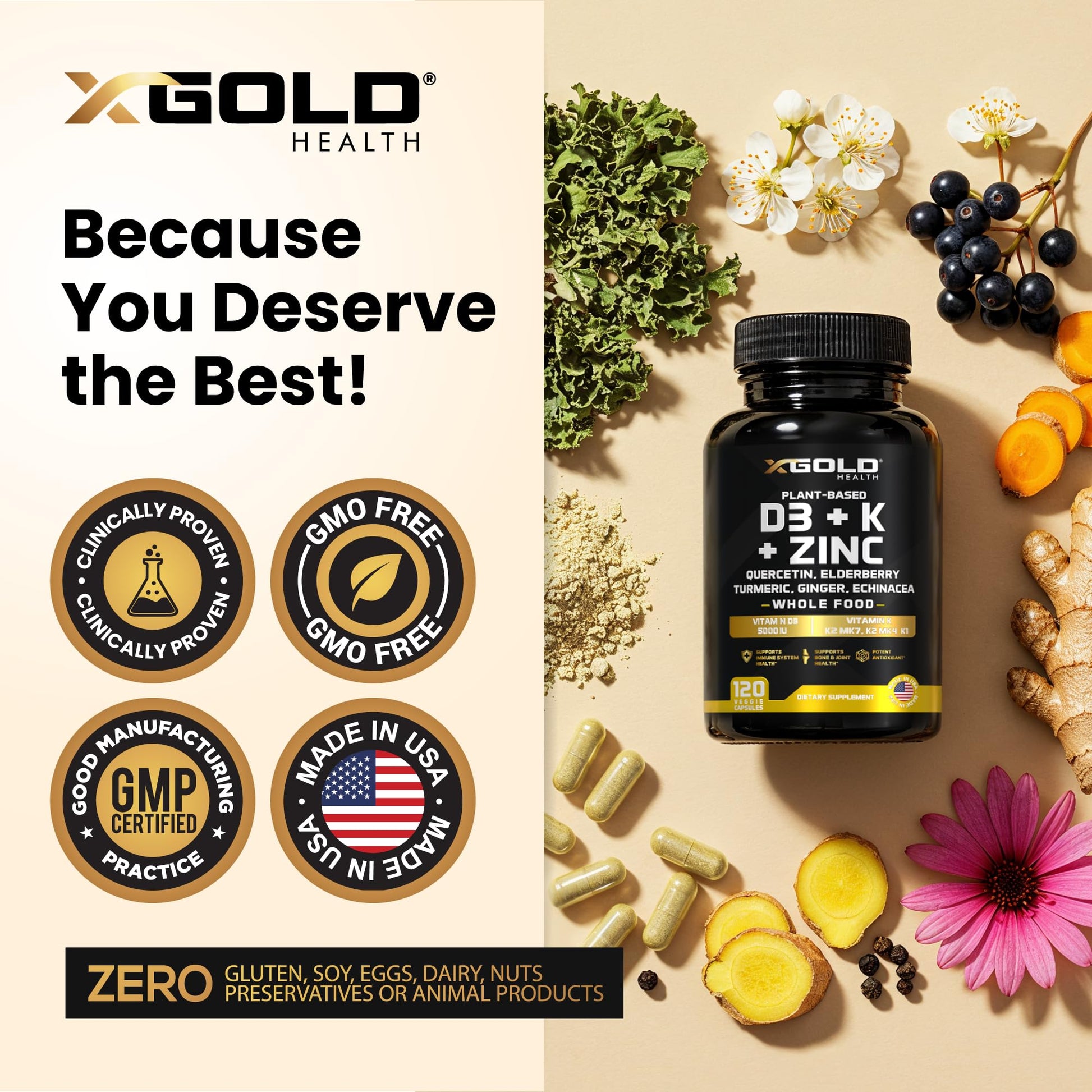 Vitamin D, K2, K1, Zinc, Quercetin, Elderberry, Turmeric, Ginger & Echinacea Whole Food Supplement 8 in 1- D3 5000 IU Plant-Based from Lichen, Vitamin K (K2 MK7, MK4, K1), D3 K2 Vitamins -120 Capsules - dailyvitalstore