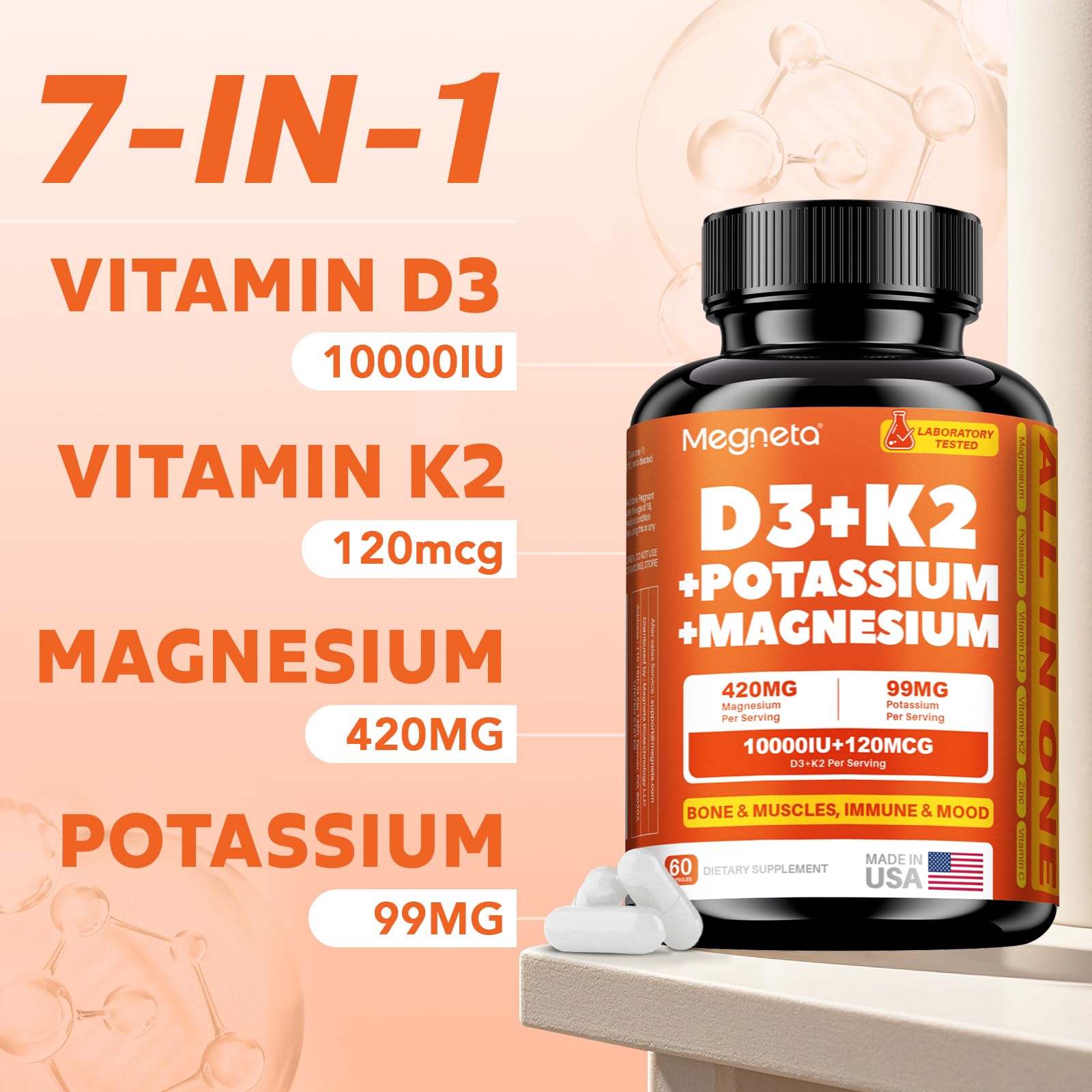Vitamin D3 K2 (MK-7) 10,000 IU with Magnesium Glycinate & Potassium Supplement - Systemic Complex for Bone, Muscle, Heart, Immune, Energy & Sleep Support – High Absorption, 60 Capsules - dailyvitalstore