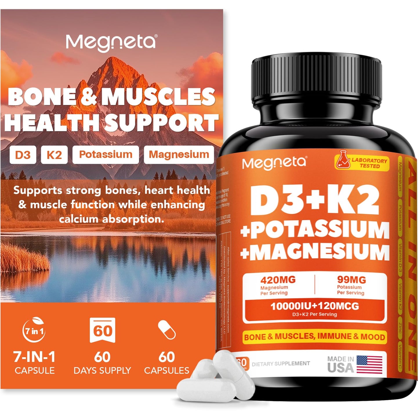 Vitamin D3 K2 (MK-7) 10,000 IU with Magnesium Glycinate & Potassium Supplement - Systemic Complex for Bone, Muscle, Heart, Immune, Energy & Sleep Support – High Absorption, 60 Capsules - dailyvitalstore