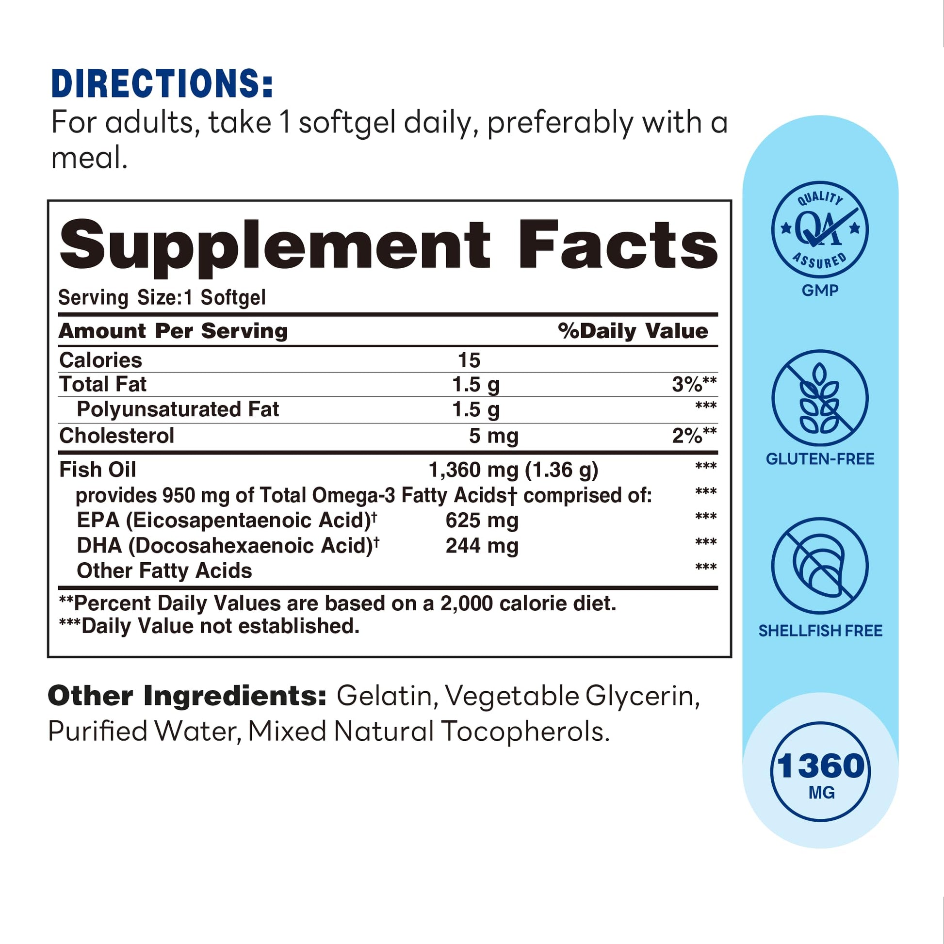 Vitamin World Triple Strength Omega 3 Fish Oil 1360 mg Supplement, 950 mg Active Omega-3 Fatty Acids with EPA & DHA, Supports Heart, Brain & Joint Health - dailyvitalstore