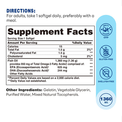Vitamin World Triple Strength Omega 3 Fish Oil 1360 mg Supplement, 950 mg Active Omega-3 Fatty Acids with EPA & DHA, Supports Heart, Brain & Joint Health - dailyvitalstore