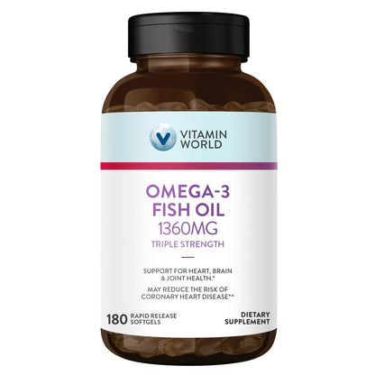 Vitamin World Triple Strength Omega 3 Fish Oil 1360 mg Supplement, 950 mg Active Omega-3 Fatty Acids with EPA & DHA, Supports Heart, Brain & Joint Health - dailyvitalstore