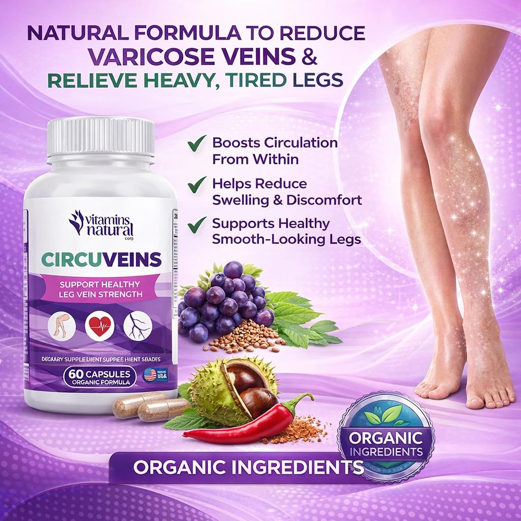 VITAMINS NATURAL CORP. CircuVeins Varicose Veins Support for Legs Capsules – Organic Vein Health Supplement with Horse Chestnut Grape Extract and Cayenne Pepper – 60 Capsules - dailyvitalstore