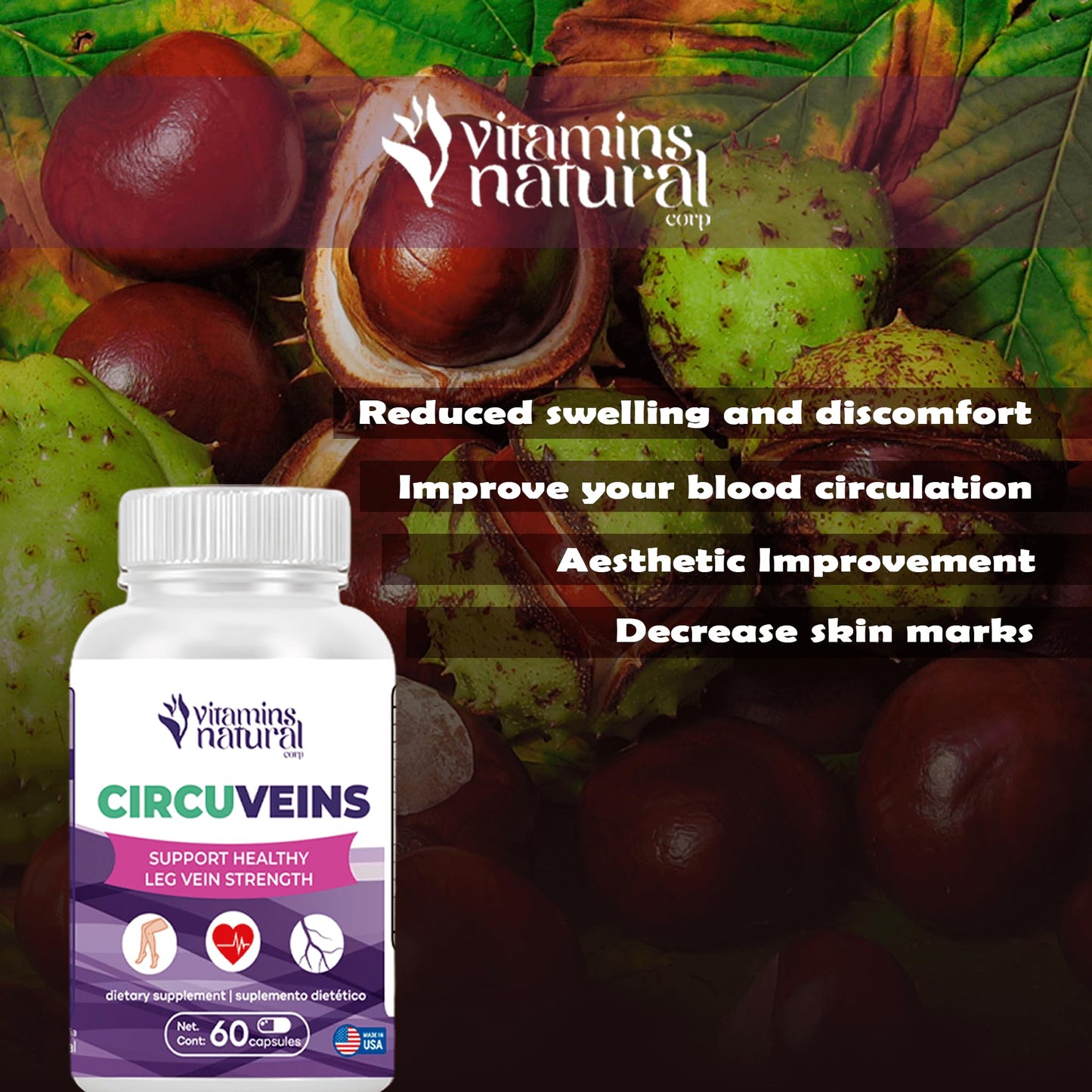 VITAMINS NATURAL CORP. CircuVeins Varicose Veins Support for Legs Capsules – Organic Vein Health Supplement with Horse Chestnut Grape Extract and Cayenne Pepper – 60 Capsules - dailyvitalstore
