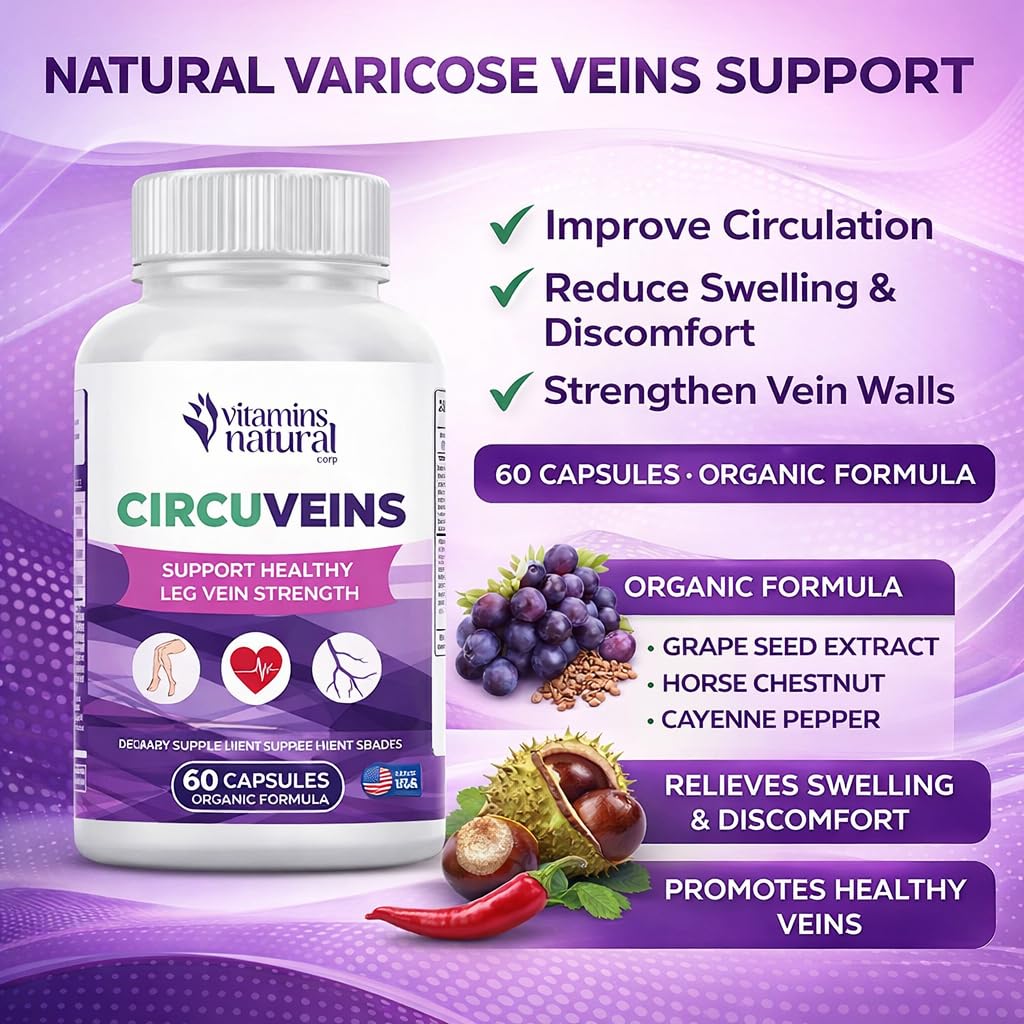 VITAMINS NATURAL CORP. CircuVeins Varicose Veins Support for Legs Capsules – Organic Vein Health Supplement with Horse Chestnut Grape Extract and Cayenne Pepper – 60 Capsules - dailyvitalstore