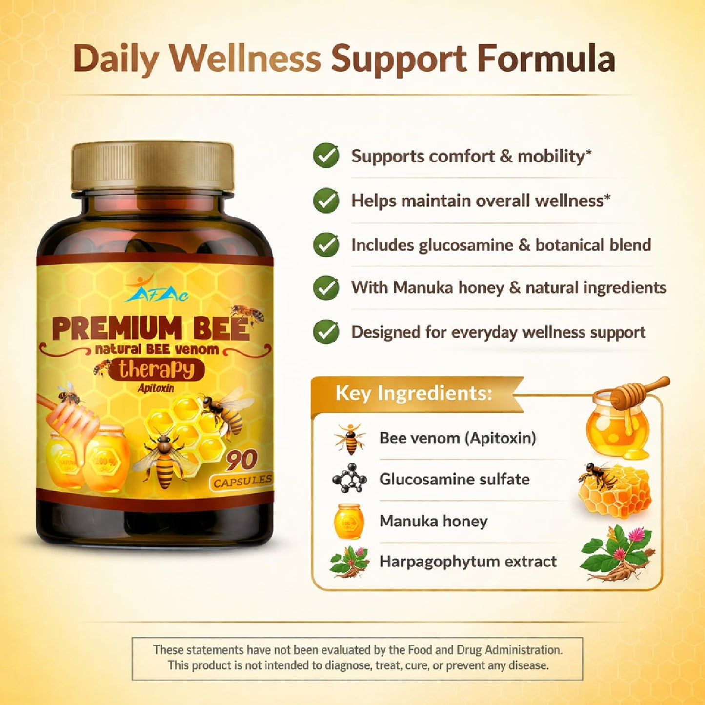VITAMISAN Premium Natural Bee Venom with glucosamine sulfate Veneno Abeja 90 Capsulas Apitoxin Manuka Honey Dietary Supplement - dailyvitalstore