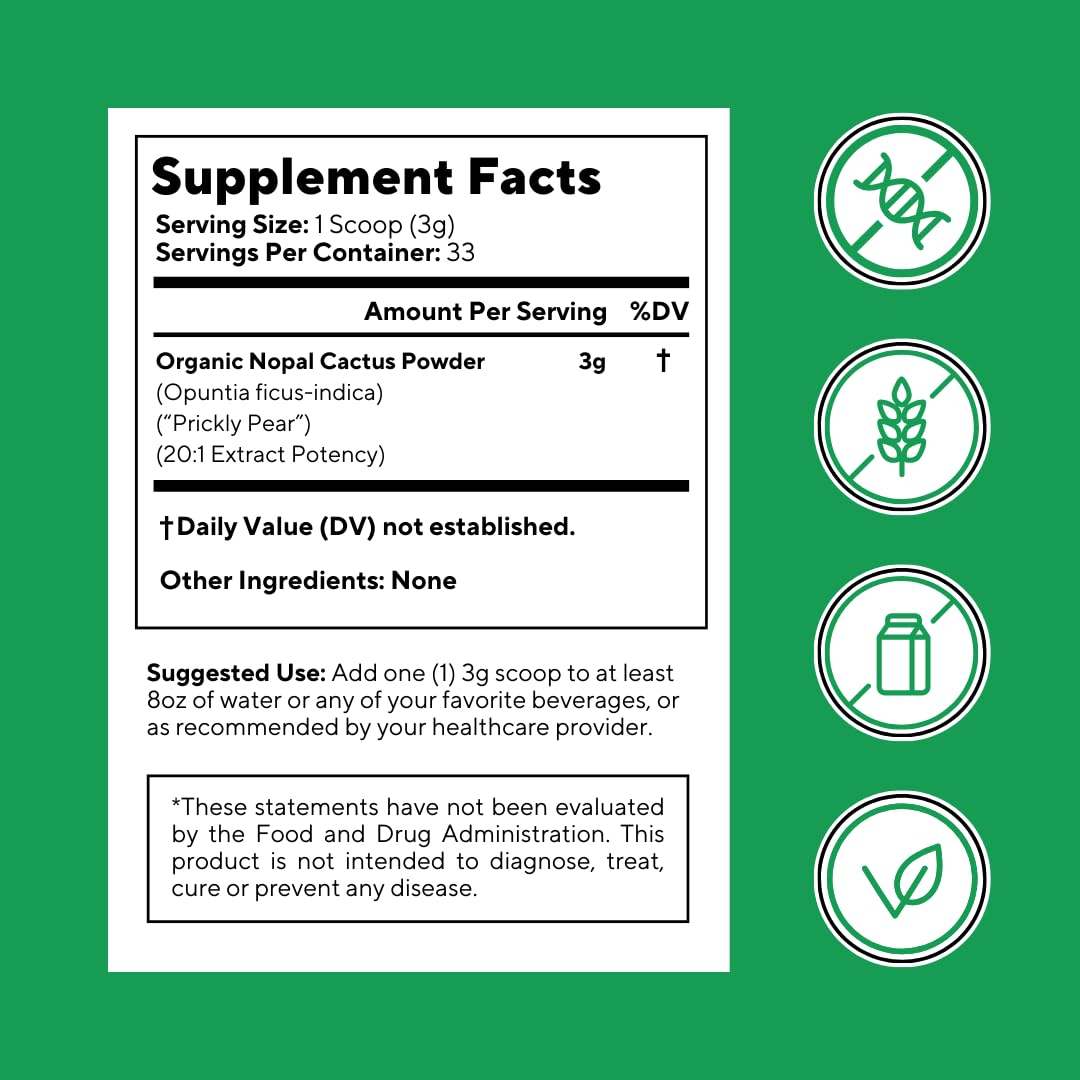 Vitapia Nopal Cactus Extract for Antioxidant, Skin, Metabolism, Wellness, Heart Health Support - 100g Organic Powder - Non GMO, Gluten Free Supplement - dailyvitalstore