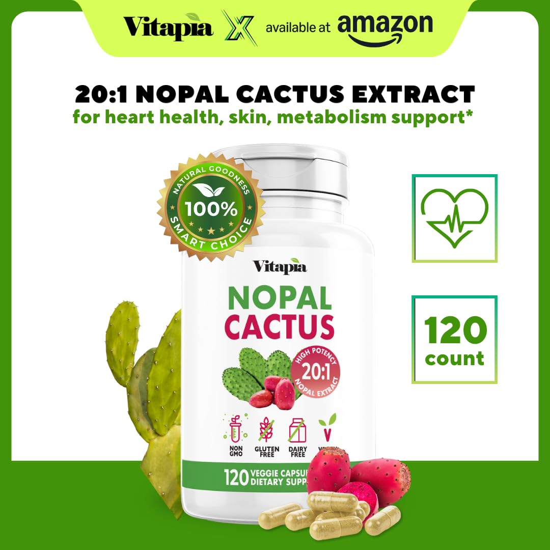 Vitapia Nopal Cactus Extract for Antioxidant, Skin, Metabolism, Wellness, Heart Health Support - 120 Veggie Capsules - Non GMO, Gluten Free Supplement - dailyvitalstore