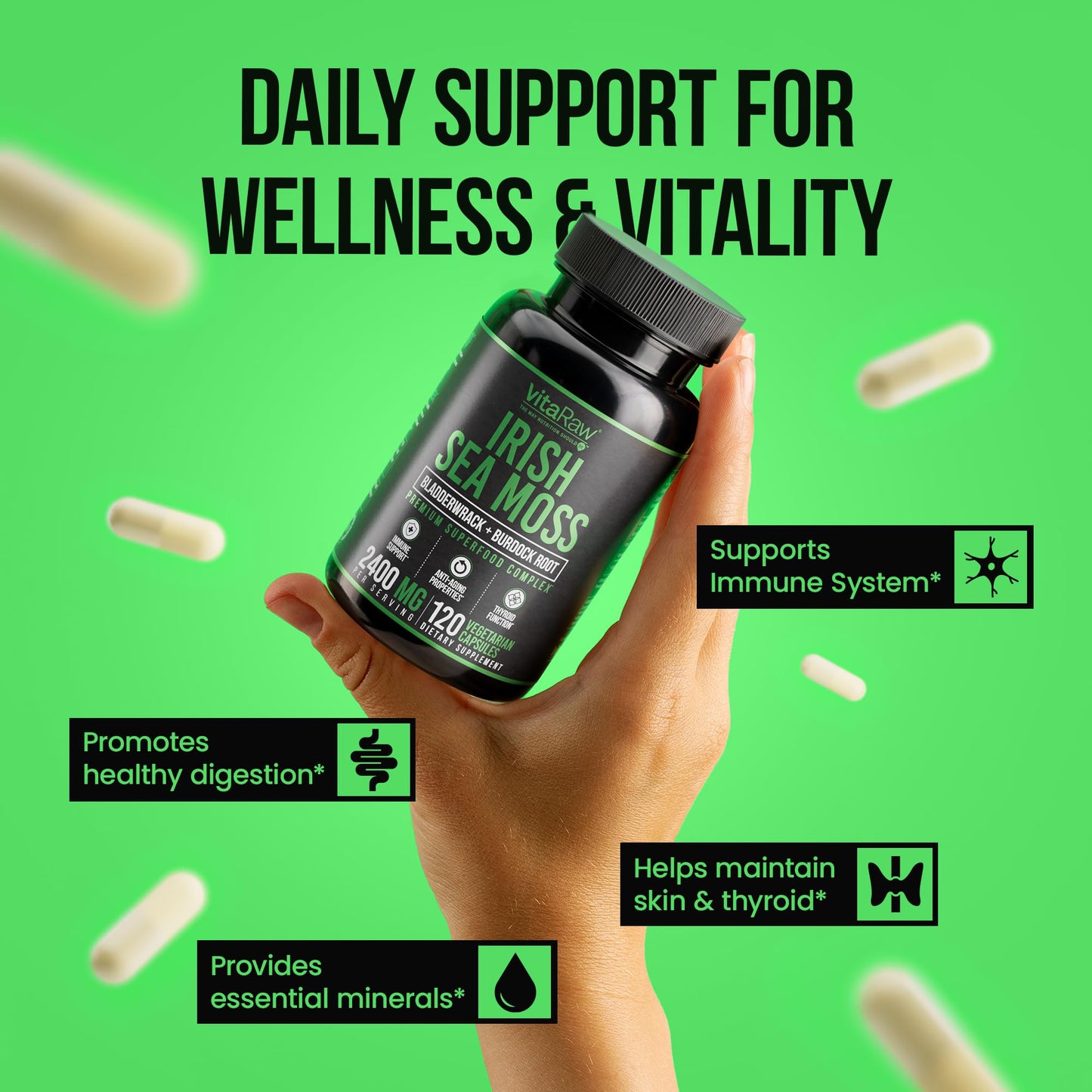 VitaRaw Organic Irish Sea Moss Capsules 2400 mg - Burdock Root and Bladderwrack Powder Real Seamoss Pills for Immune Support, Joint and Gut Health Help - dailyvitalstore