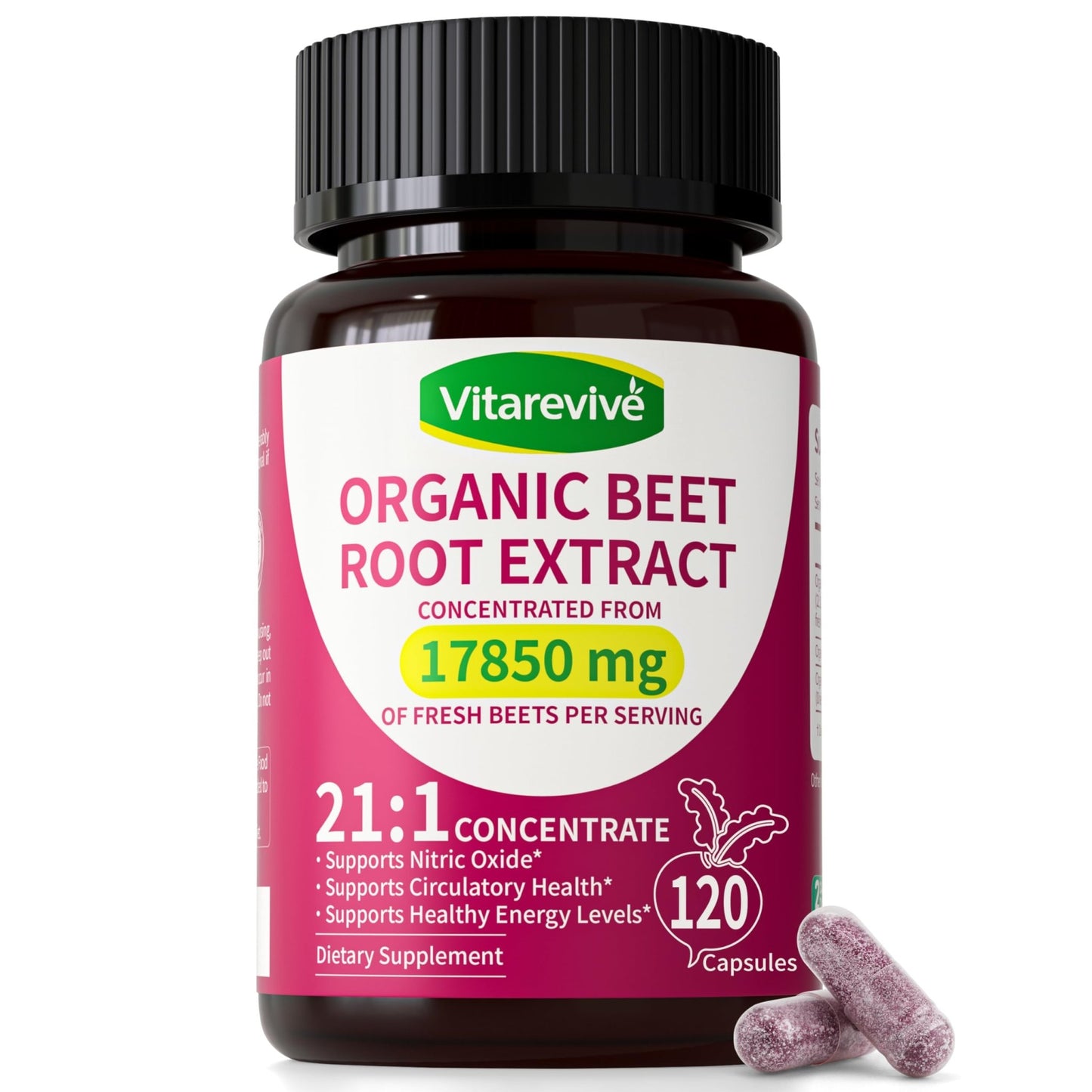 Vitarevive Organic Beet Root Capsules with Beetroot Extract 17850mg 21:1 Concentrated Beetroot Supplement Supports Circulation and Nitric Oxide - dailyvitalstore