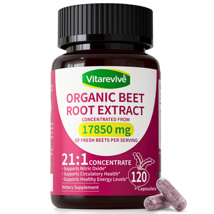 Vitarevive Organic Beet Root Capsules with Beetroot Extract 17850mg 21:1 Concentrated Beetroot Supplement Supports Circulation and Nitric Oxide - dailyvitalstore