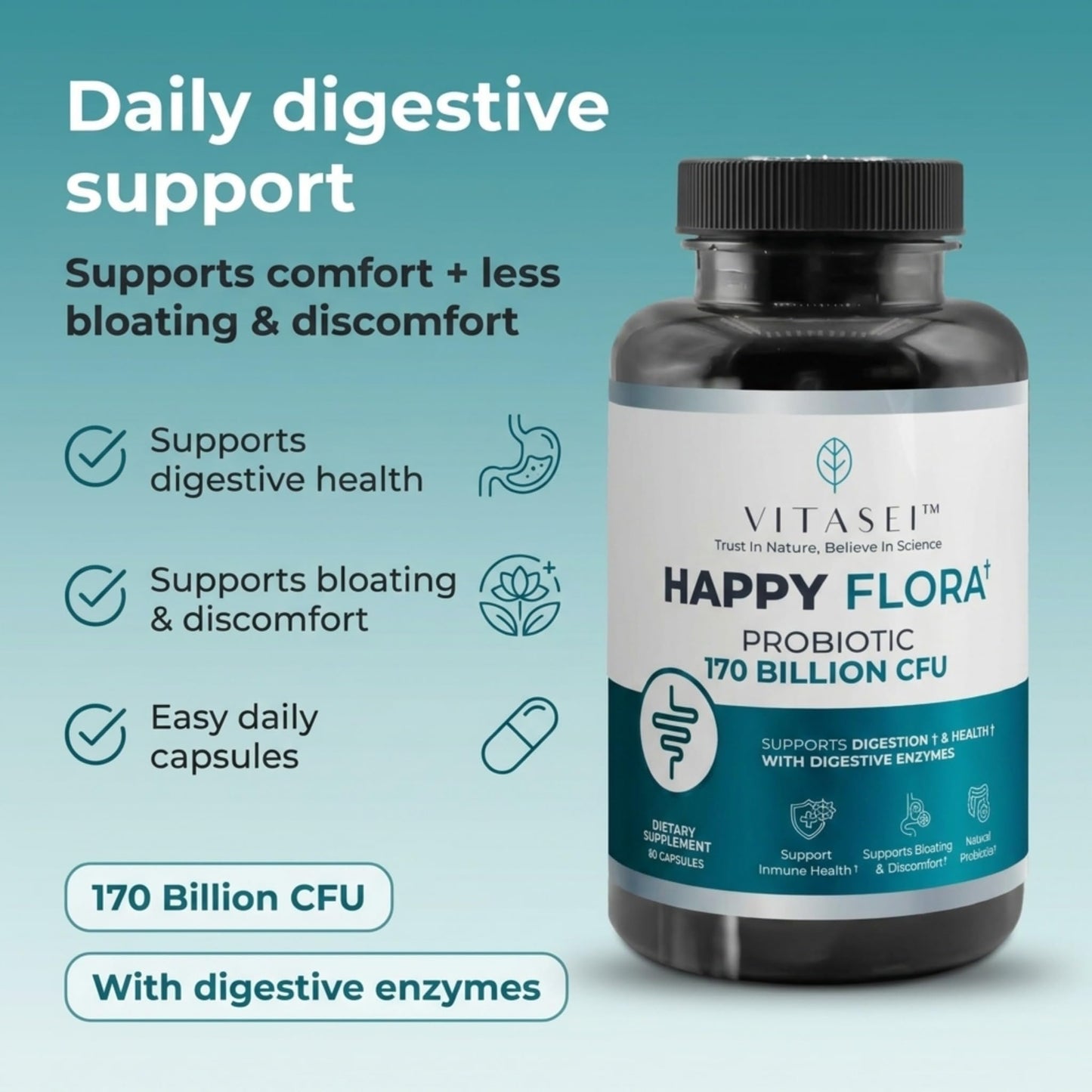 VITASEI Happy Flora Probiotic Supplement – 170 Billion CFU with Digestive Enzymes – Gut Health and Metabolic Support for Women and Men – 120 Capsules 2-Month Supply - dailyvitalstore