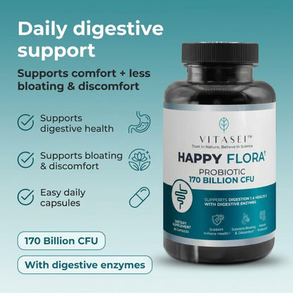 VITASEI Happy Flora Probiotic Supplement – 170 Billion CFU with Digestive Enzymes – Gut Health and Metabolic Support for Women and Men – 120 Capsules 2-Month Supply - dailyvitalstore