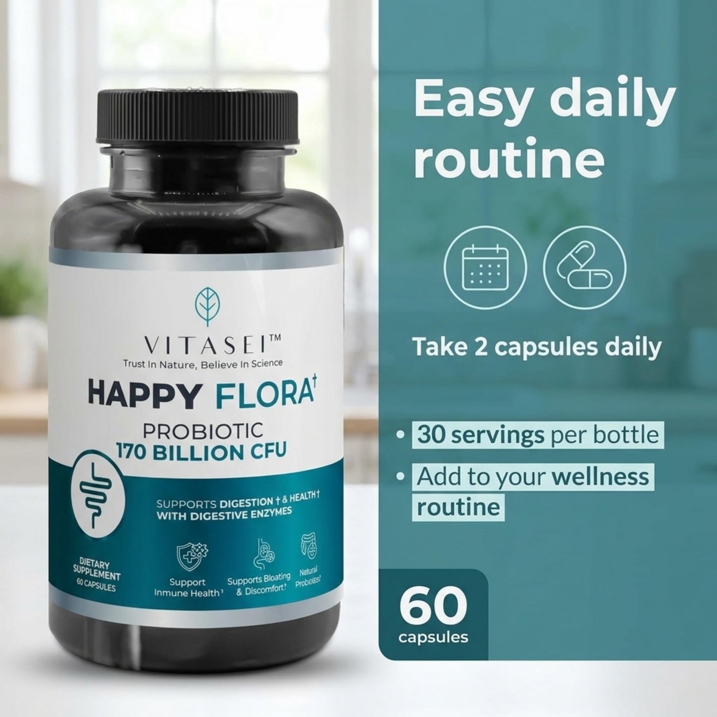 VITASEI Happy Flora Probiotic Supplement – 170 Billion CFU with Digestive Enzymes – Gut Health and Metabolic Support for Women and Men – 120 Capsules 2-Month Supply - dailyvitalstore