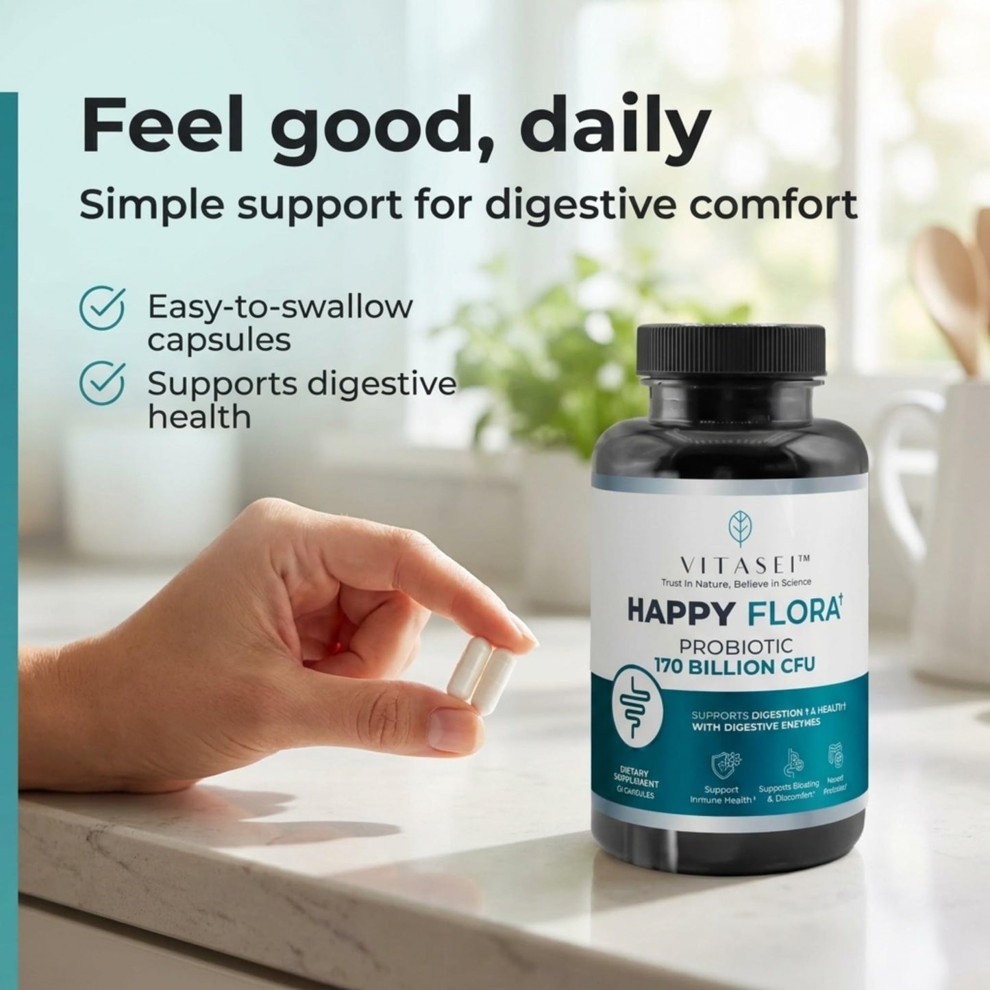 VITASEI Happy Flora Probiotic Supplement – 170 Billion CFU with Digestive Enzymes – Gut Health and Metabolic Support for Women and Men – 120 Capsules 2-Month Supply - dailyvitalstore