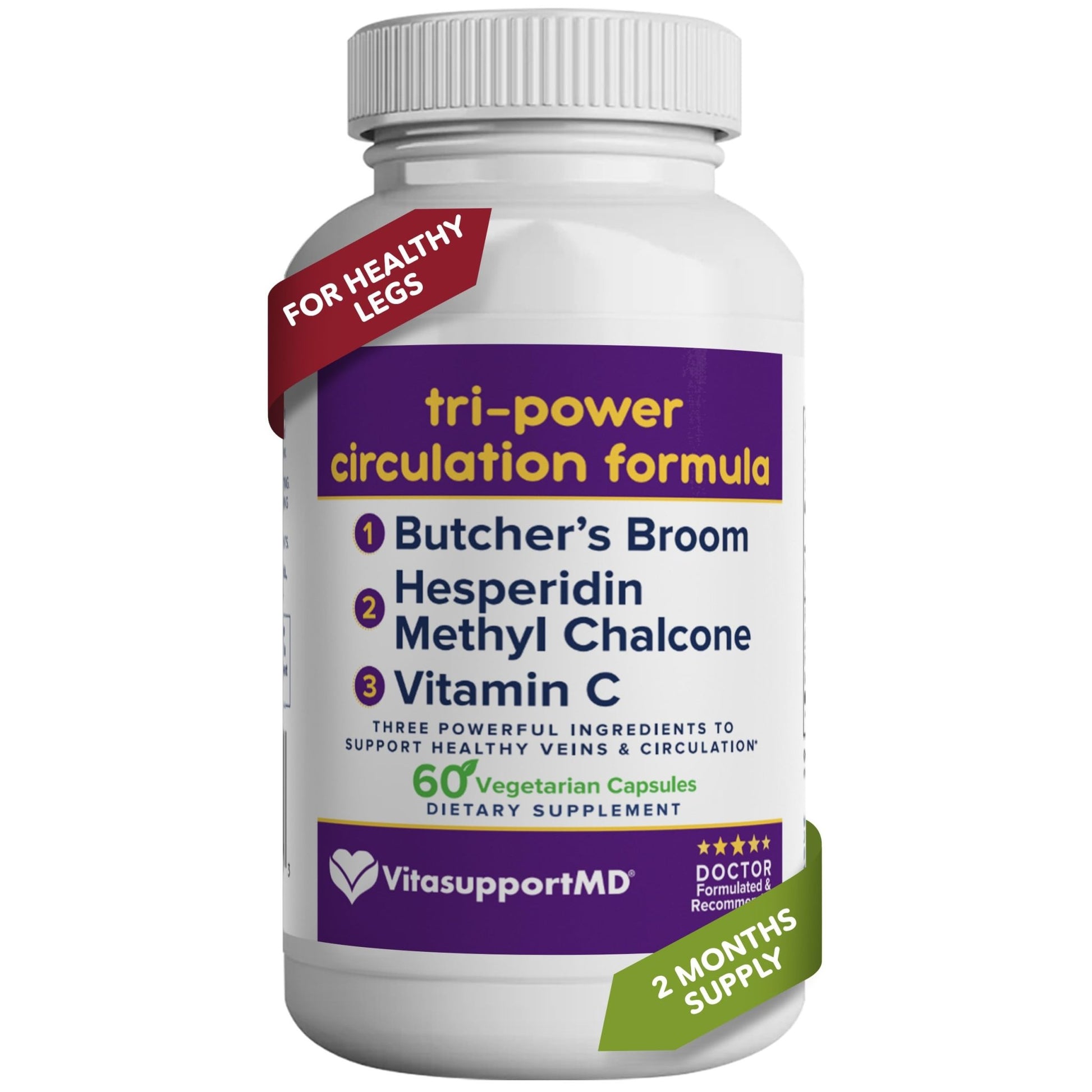 VITASUPPORTMD Tri-Power Circulation Formula - Circulation Supplement with Butcher's Broom, Hesperidin Methyl Chalcone, and Vitamin C, 60 Capsules, for Blood and Leg Circulation, Vein Health Support - dailyvitalstore