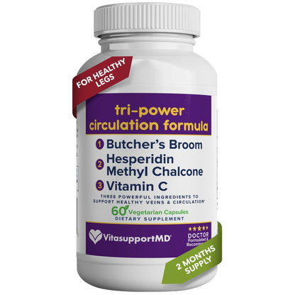 VITASUPPORTMD Tri-Power Circulation Formula - Circulation Supplement with Butcher's Broom, Hesperidin Methyl Chalcone, and Vitamin C, 60 Capsules, for Blood and Leg Circulation, Vein Health Support - dailyvitalstore