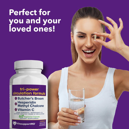 VITASUPPORTMD Tri-Power Circulation Formula - Circulation Supplement with Butcher's Broom, Hesperidin Methyl Chalcone, and Vitamin C, 60 Capsules, for Blood and Leg Circulation, Vein Health Support - dailyvitalstore